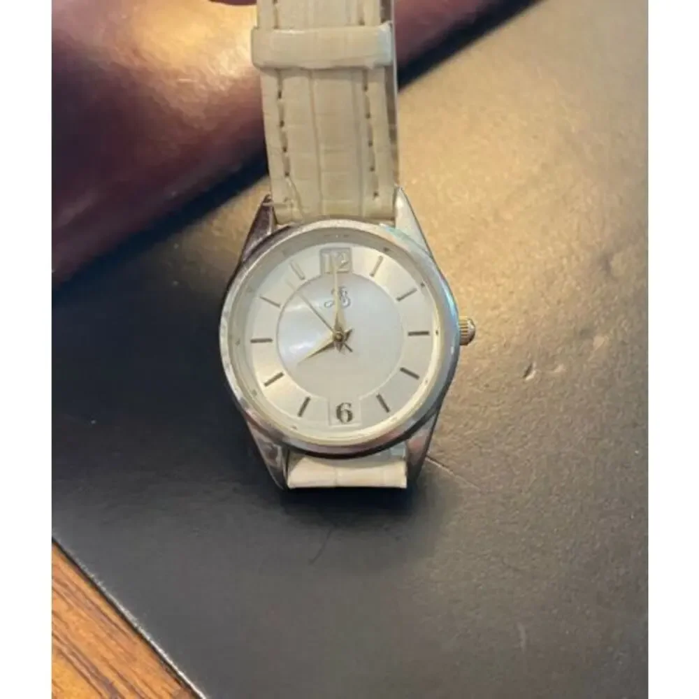 Women's 30mm Silver Tone JS Watch, MOP Face, White Band